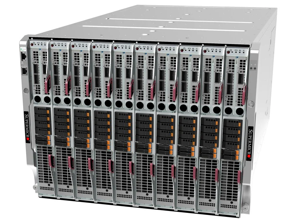 Supermicro SBA-817V7-1N SuperBlade blade sunucu düğümü — 8U muhafazada 10 adet takılı