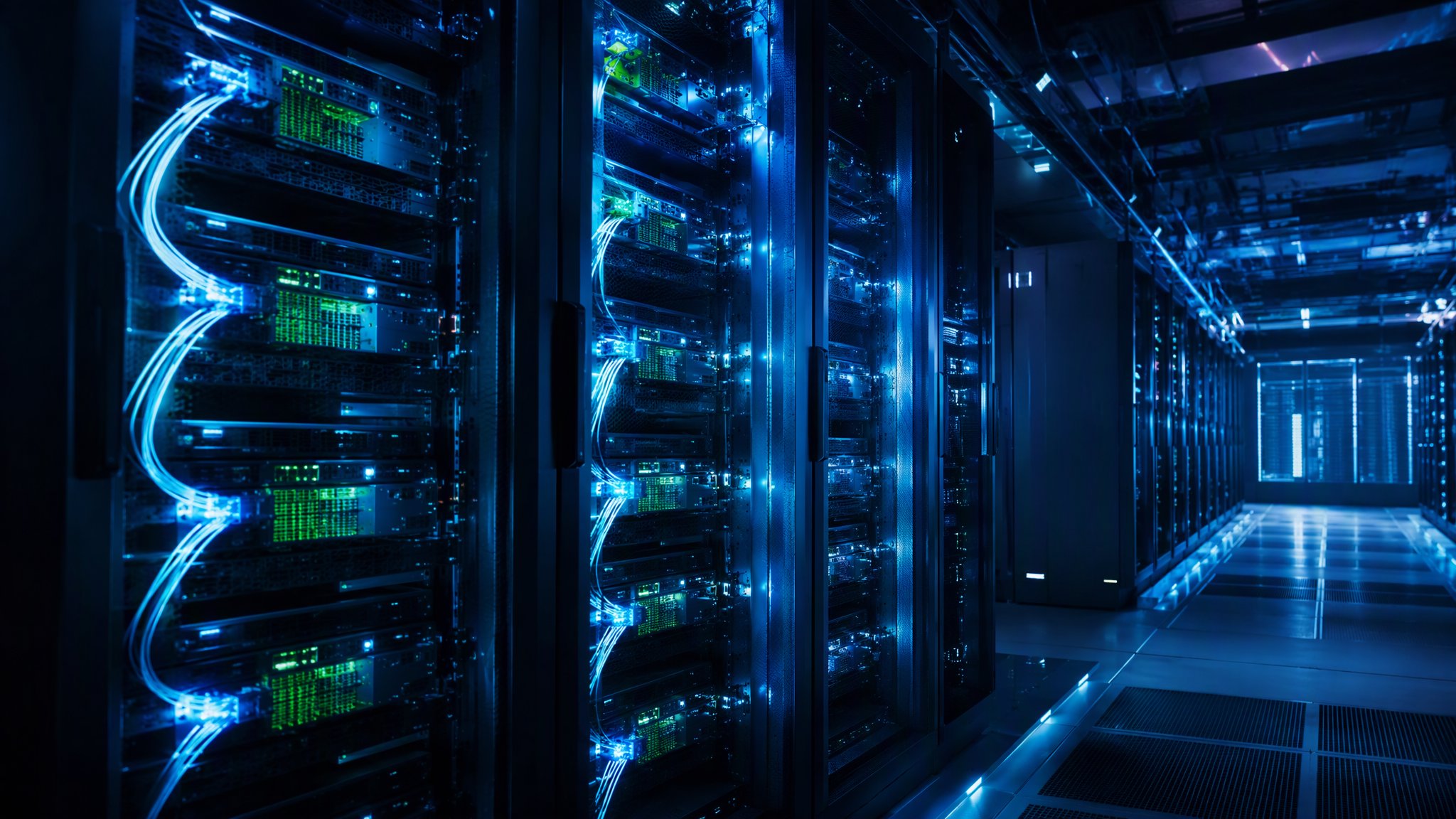 Modern bir AI veri merkezinde GPU sunucu rafları
