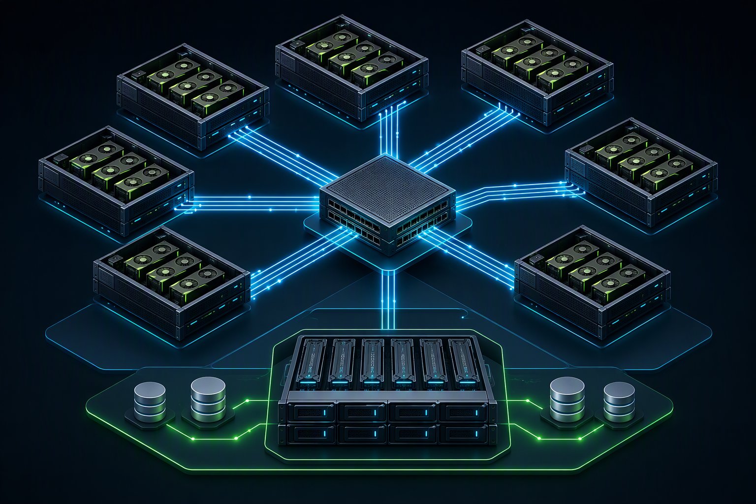 AI cluster mimarisi: GPU düğümleri, merkezi ağ anahtarı ve NVMe depolama katmanı